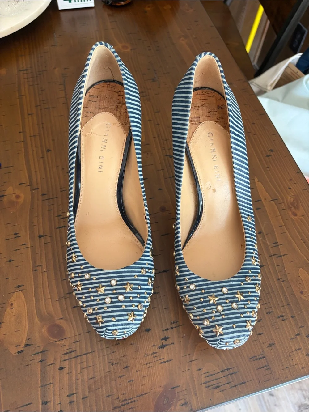 Gianni Bini Blue and White Striped Studded Pointed-Toe Pumps